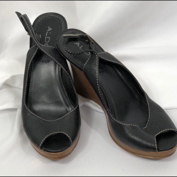 ALDO black peep toe wedge shoes w/ white stitching - Picture 6 of 6